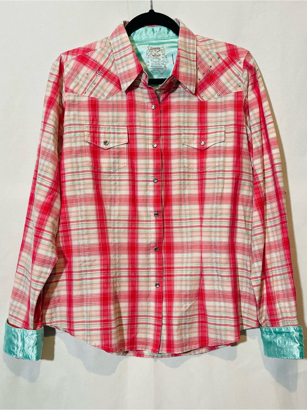 Western Plaid Button-Down Embellished Shirt in Pink and Cream Sz L